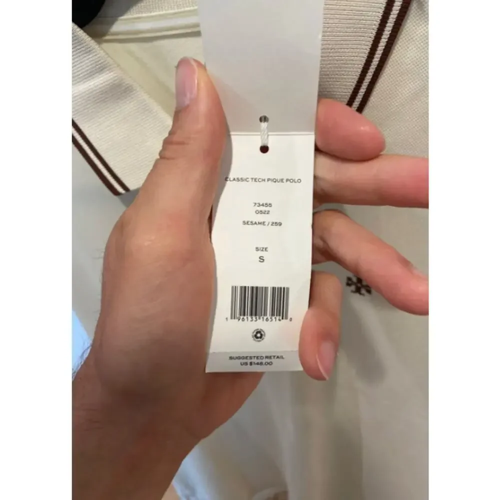 Tory Burch Classic Tech Pique Polo Shirt in Sesame Cream size S small